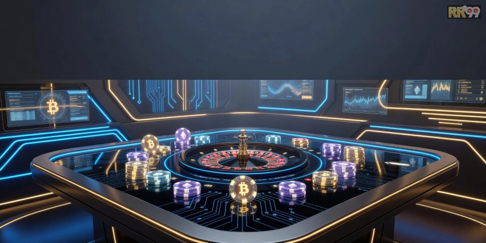 Hình minh họa khái niệm crypto casino rr99 với bàn chơi hiện đại và tiền điện tử.