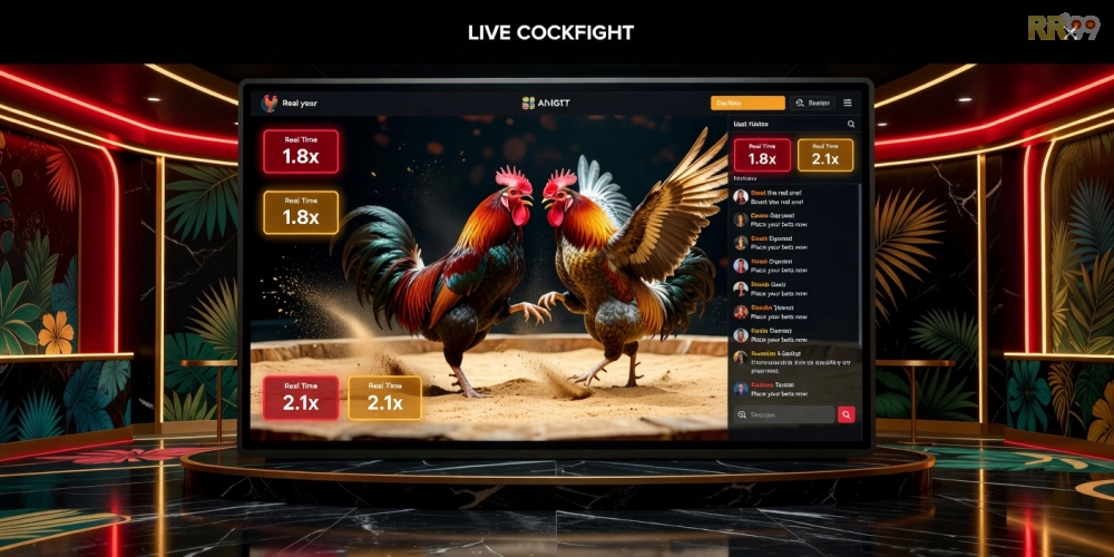 Minh họa khái niệm xem đá gà trực tiếp tại casino RR99 với giao diện streaming hiện đại