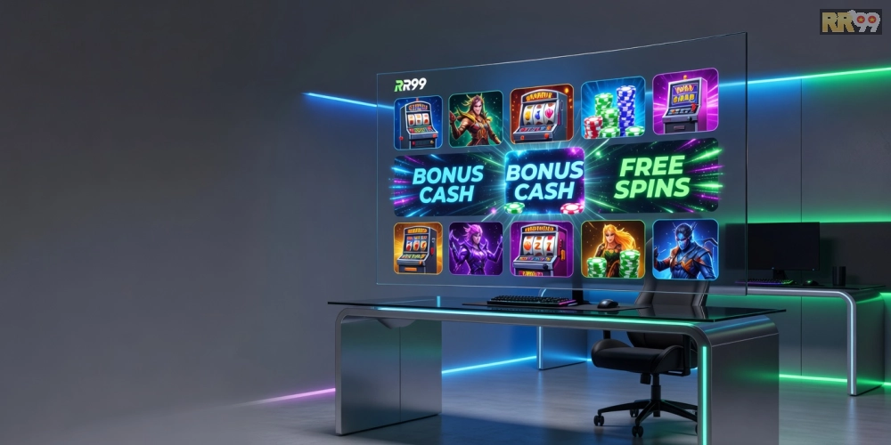 Minh họa khái niệm game khuyến mãi rr99 với giao diện nền tảng hấp dẫn và các ưu đãi nổi bật