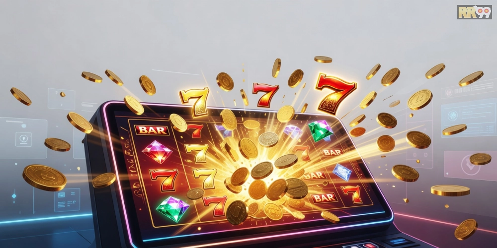 Hình minh họa cơ chế nổ hũ đổi thưởng rr99 với jackpot hấp dẫn và giao diện game hiện đại.