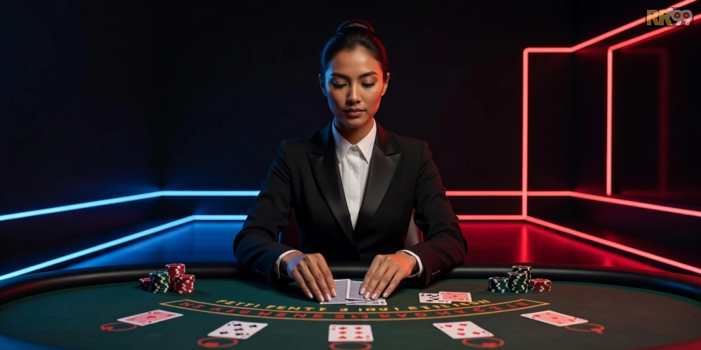 Minh họa giao diện trực tiếp casino rr99 với dealer chuyên nghiệp và bàn chơi sống động