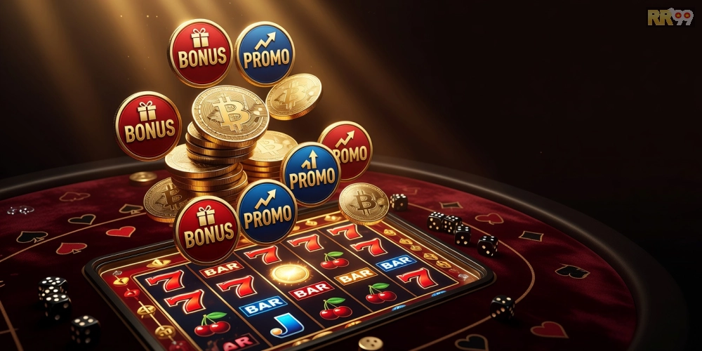 Hình ảnh ưu đãi hấp dẫn tại crypto casino rr99 với biểu tượng tiền thưởng lớn.
